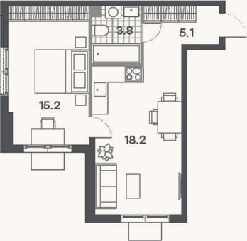 Планировка: 2-к, 42,3 м²