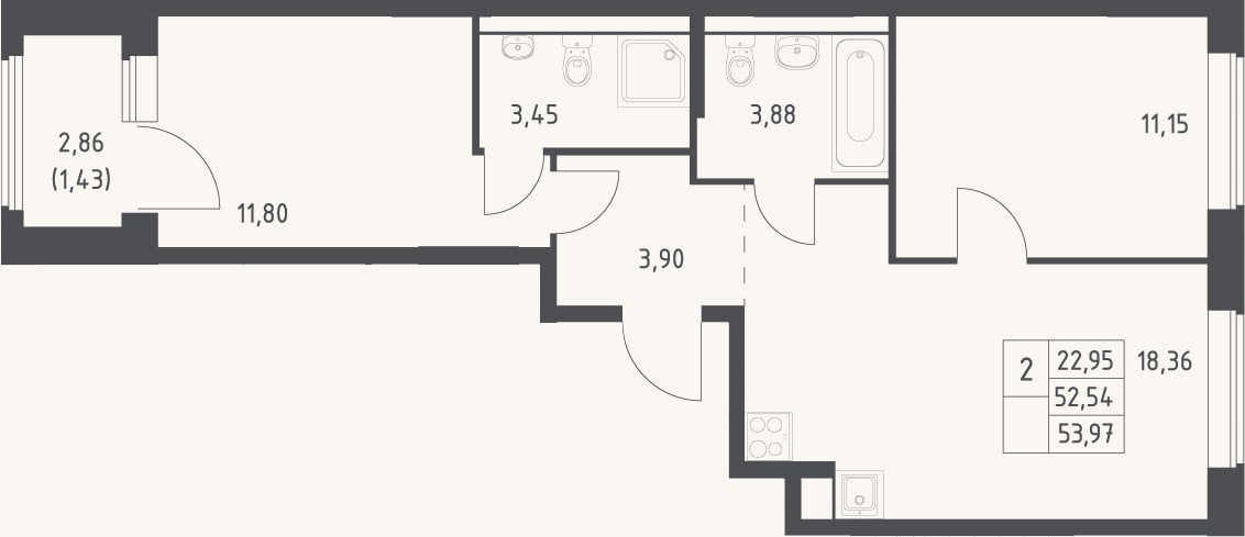 Планировка: 3-к, 52,5 м²
