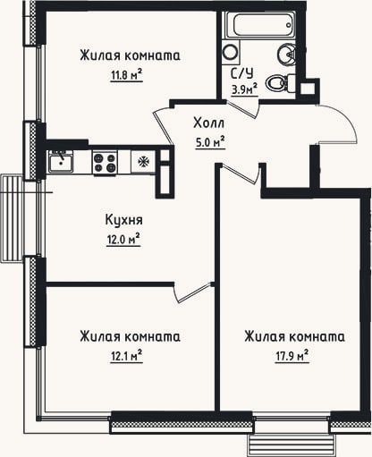 Планировка: 3-к, 62,7 м²