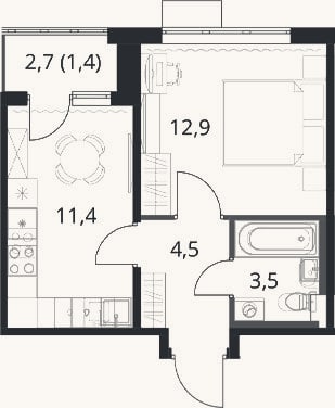 Планировка: 1-к, 32,3 м²