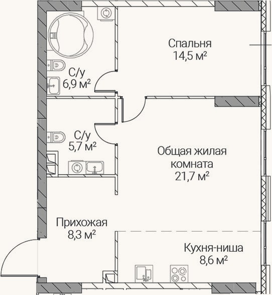 Планировка: 2-к, 65,7 м²