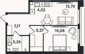 Планировка: 2-к, 49,5 м²