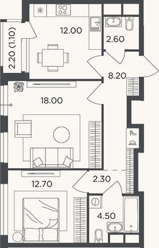 Планировка: 2-к, 60,3 м²