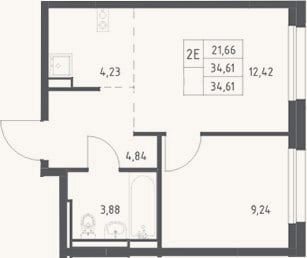 Планировка: 2-к, 34,6 м²