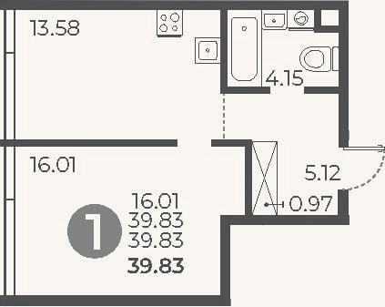 Планировка: 1-к, 39,8 м²