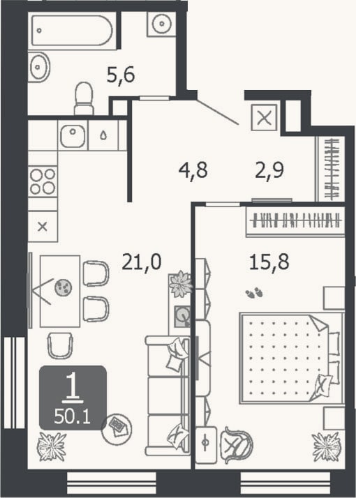 Планировка: 2-к, 50,1 м²