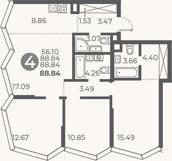 Планировка: 3-к, 88,8 м²
