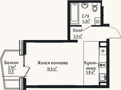 Планировка: Студия, 28,7 м²