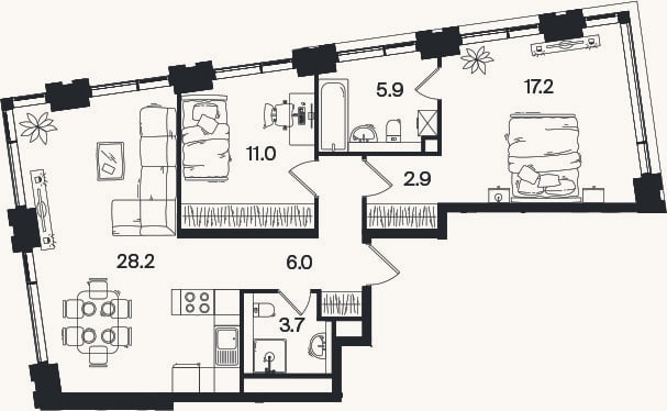 Планировка: 3-к, 74,9 м²