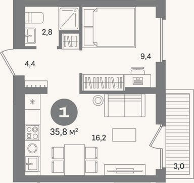 Планировка: 1-к, 32,8 м²