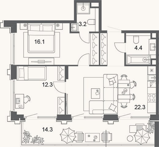 Планировка: 3-к, 62,3 м²