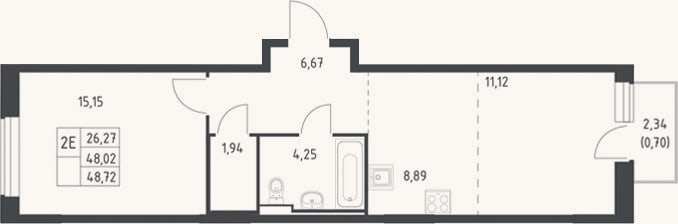 Планировка: 2-к, 48 м²