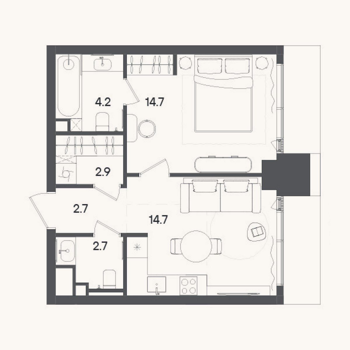 Планировка: 1-к, 41,9 м²