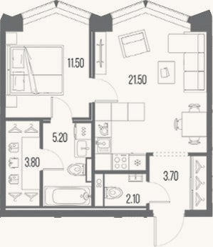 Планировка: 1-к, 47,8 м²