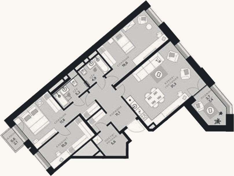 Планировка: 3-к, 105,5 м²