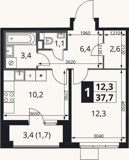 Планировка: 1-к, 36 м²