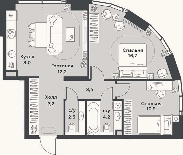 Планировка: 3-к, 65,1 м²