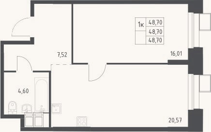 Планировка: 2-к, 48,7 м²