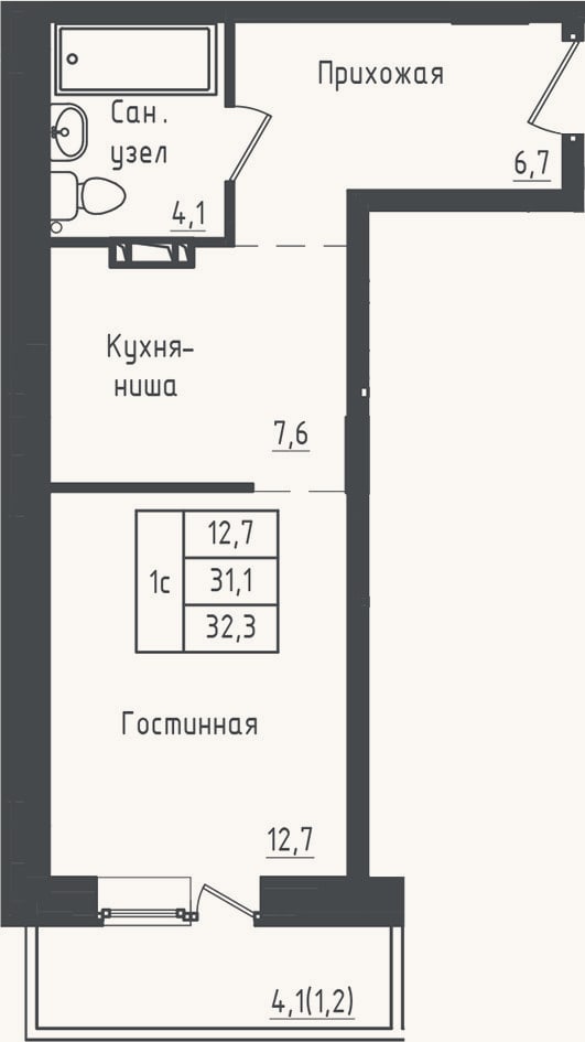 Планировка: Студия, 31,1 м²