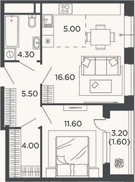 Планировка: 2-к, 47 м²