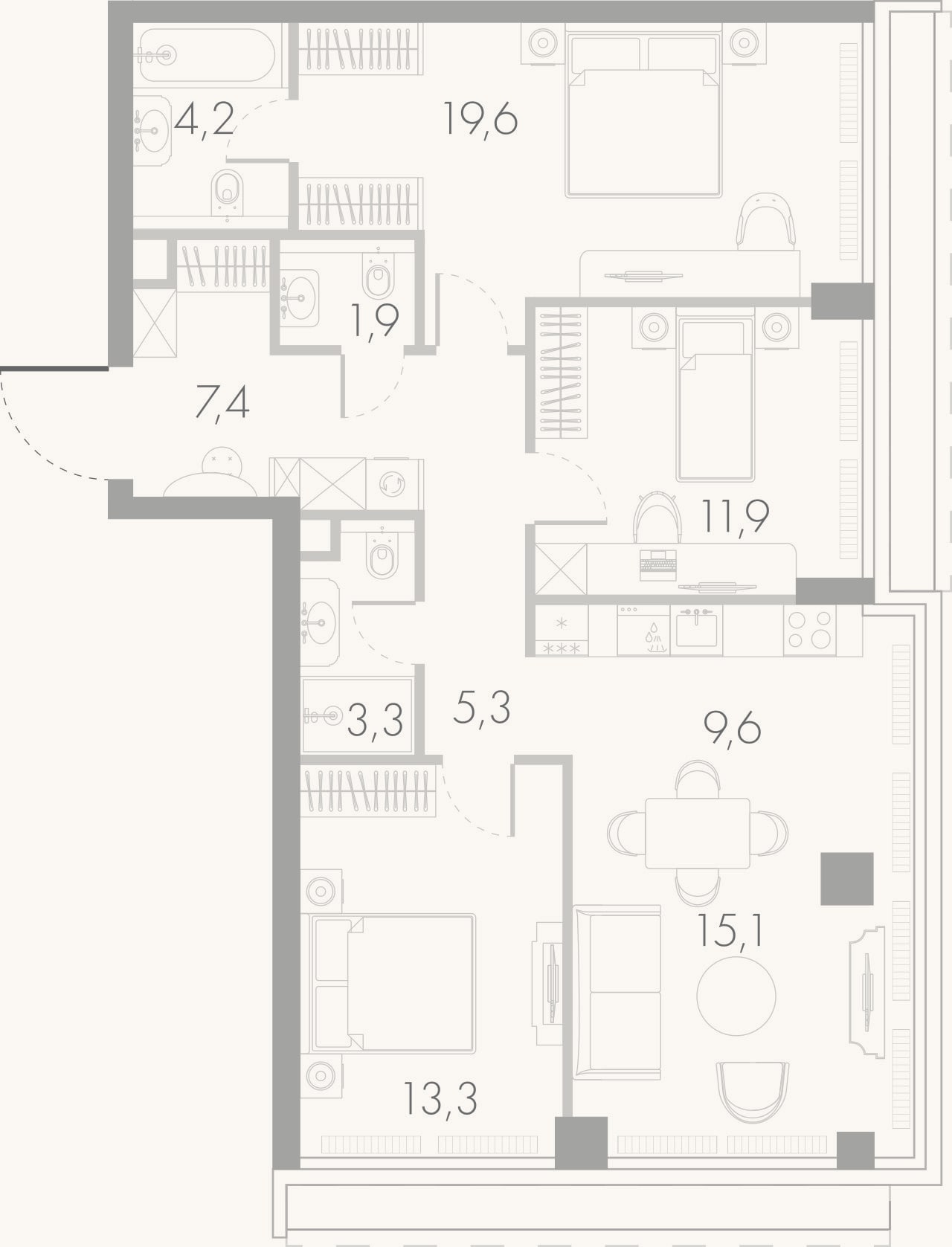 Планировка: 4+ к, 89,4 м²