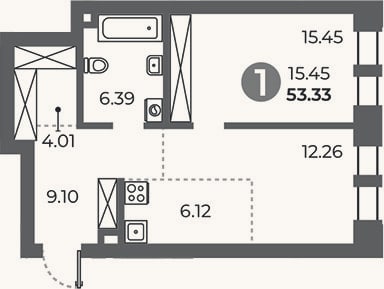 Планировка: 1-к, 53,3 м²