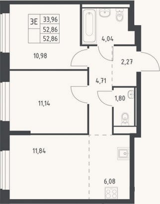 Планировка: 3-к, 52,9 м²