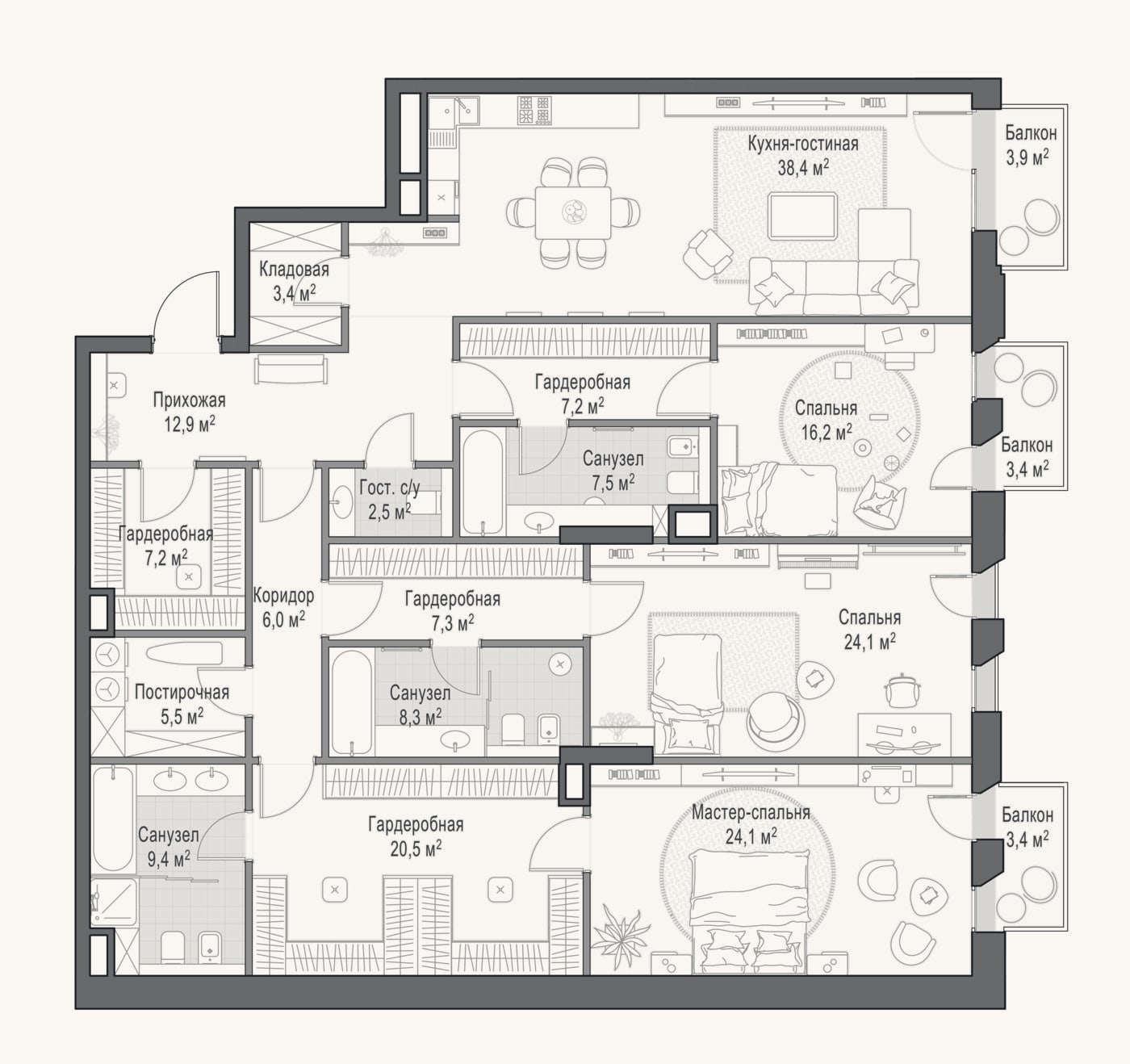 Планировка: 4+ к, 204 м²