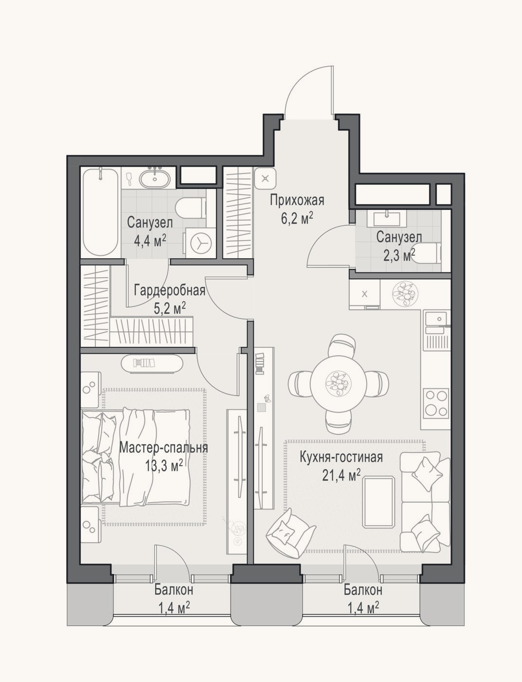 Планировка: 2-к, 53,3 м²