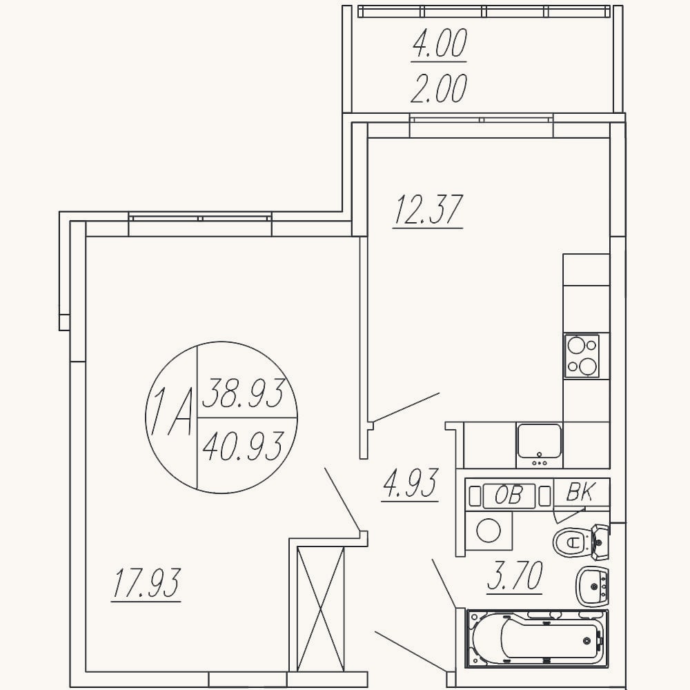 Планировка: 1-к, 38,9 м²