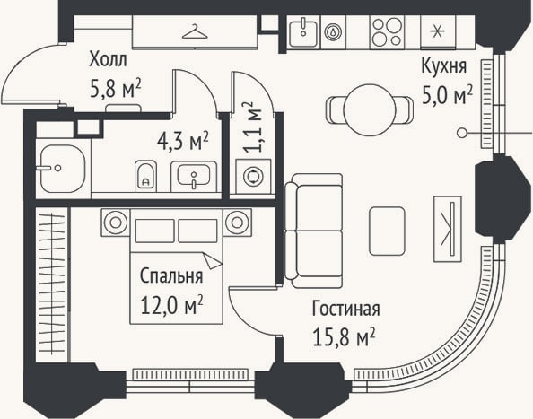 Планировка: 2-к, 43,9 м²