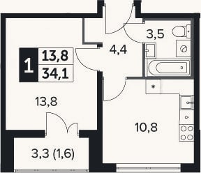 Планировка: 1-к, 32,5 м²