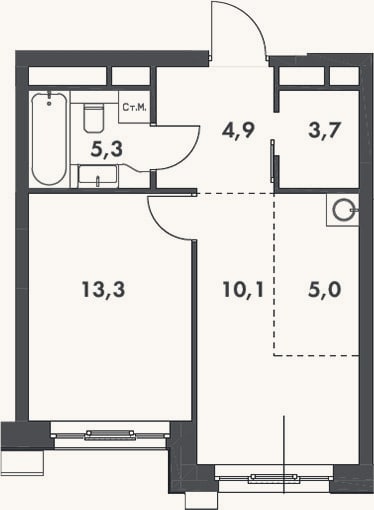 Планировка: 2-к, 42,3 м²