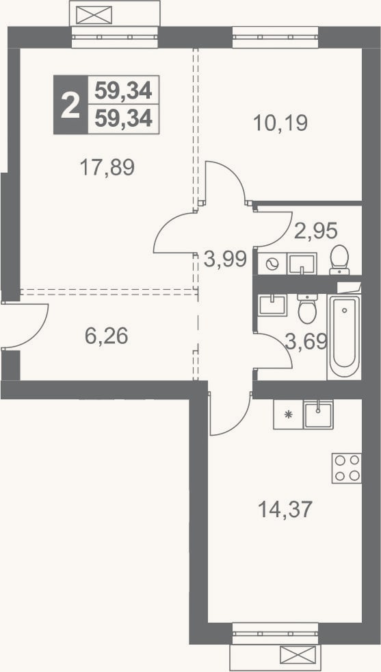 Планировка: 2-к, 59,3 м²