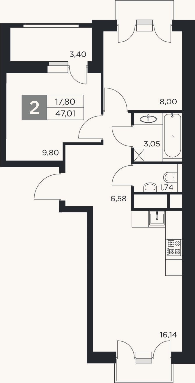 Планировка: 3-к, 45,3 м²