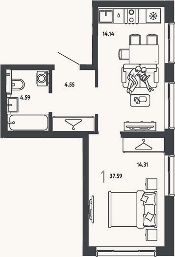 Планировка: 1-к, 37,6 м²