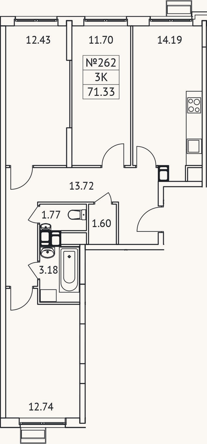Планировка: 3-к, 71,3 м²
