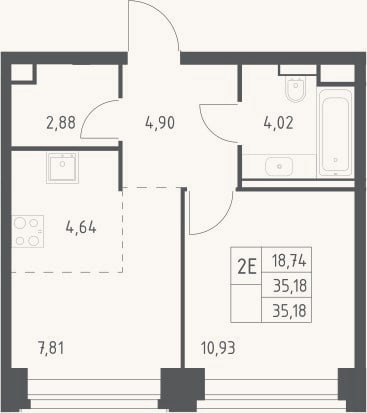 Планировка: 2-к, 35,2 м²
