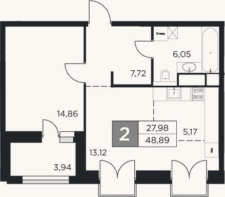Планировка: 2-к, 46,9 м²