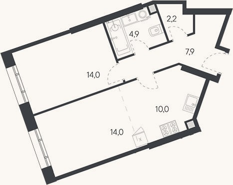 Планировка: 2-к, 53 м²