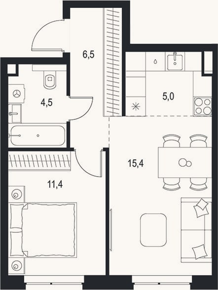 Планировка: 2-к, 42,8 м²