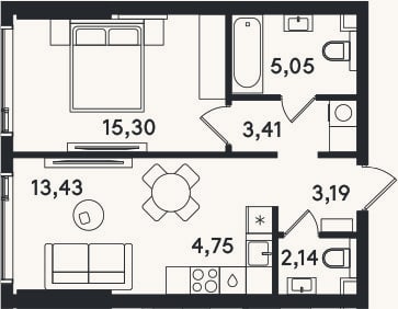 Планировка: 2-к, 47,3 м²