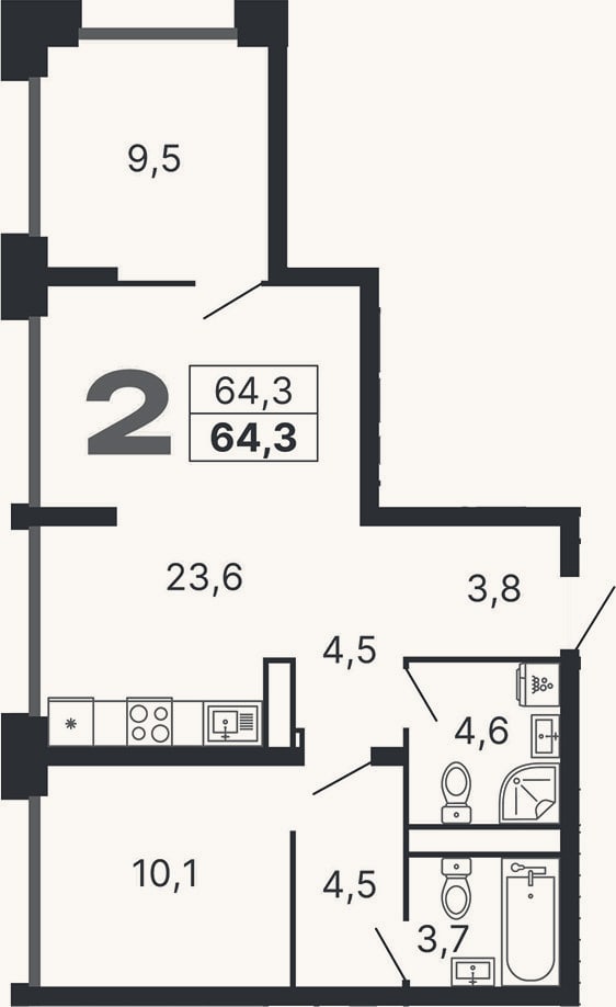 Планировка: 3-к, 64,3 м²