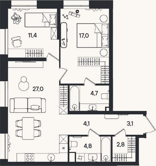 Планировка: 3-к, 74,9 м²