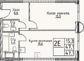 Планировка: 2-к, 47,1 м²