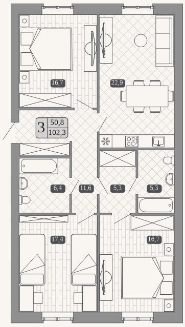 Планировка: 4+ к, 100,6 м²
