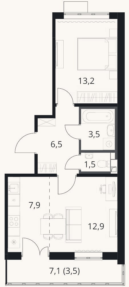 Планировка: 2-к, 45,4 м²