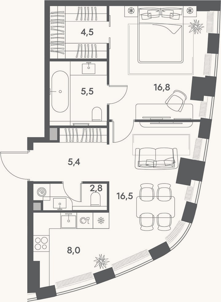 Планировка: 2-к, 59,5 м²