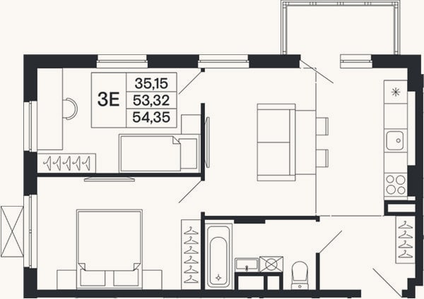 Планировка: 3-к, 53,3 м²
