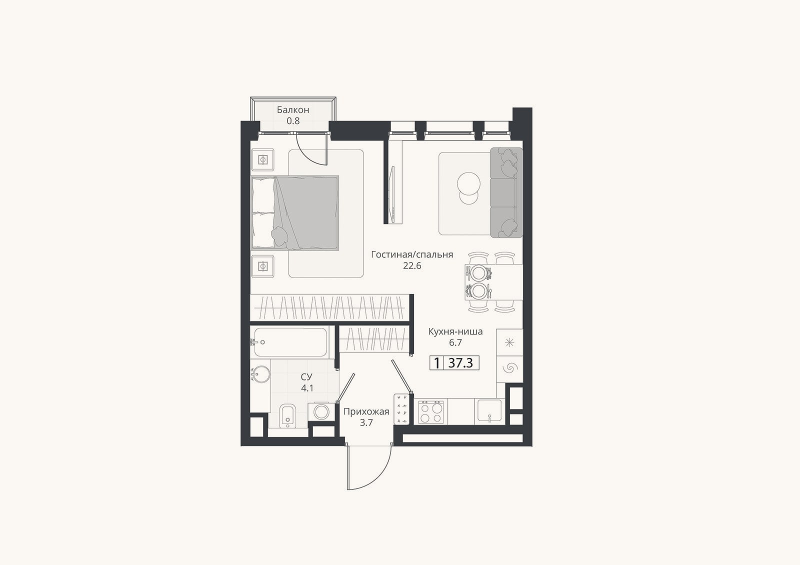 Планировка: Студия, 37,1 м²